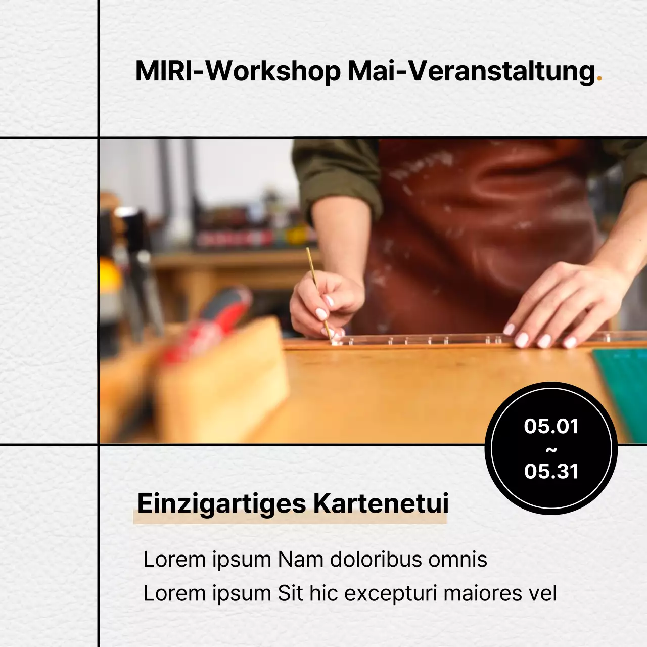 Werbung für eine moderne Lederwerkstatt mit orangefarbenen Akzenten