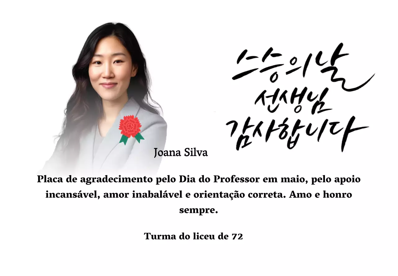 Uma nota de agradecimento colorida para o Dia do Professor com ilustração de cravos, caligrafia e fotografia