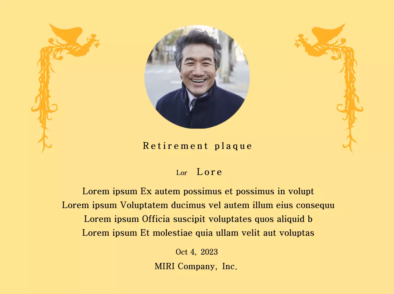 A retirement design with a colorful phoenix illustration and a circular photo.