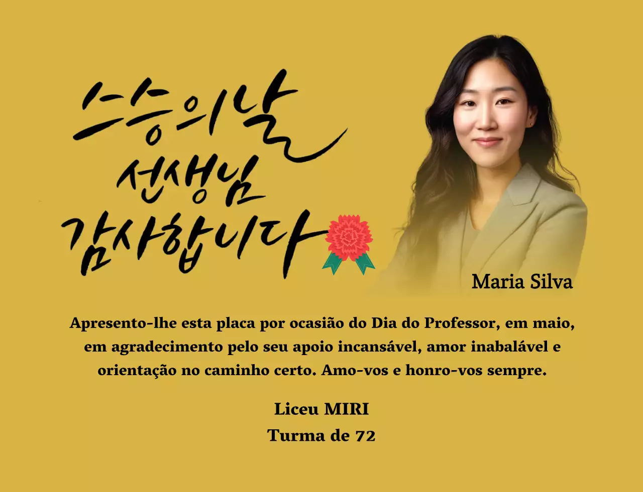 Uma nota de agradecimento colorida para o Dia do Professor com ilustração de cravos, caligrafia e fotografia