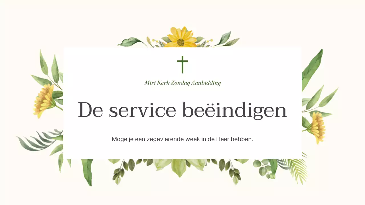 Een eenvoudige groen met gele servicegids voor de Botanische Kerk