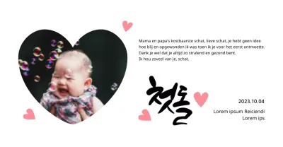 Schattig eerste verjaardagsplaatje met hartfoto en kalligrafie