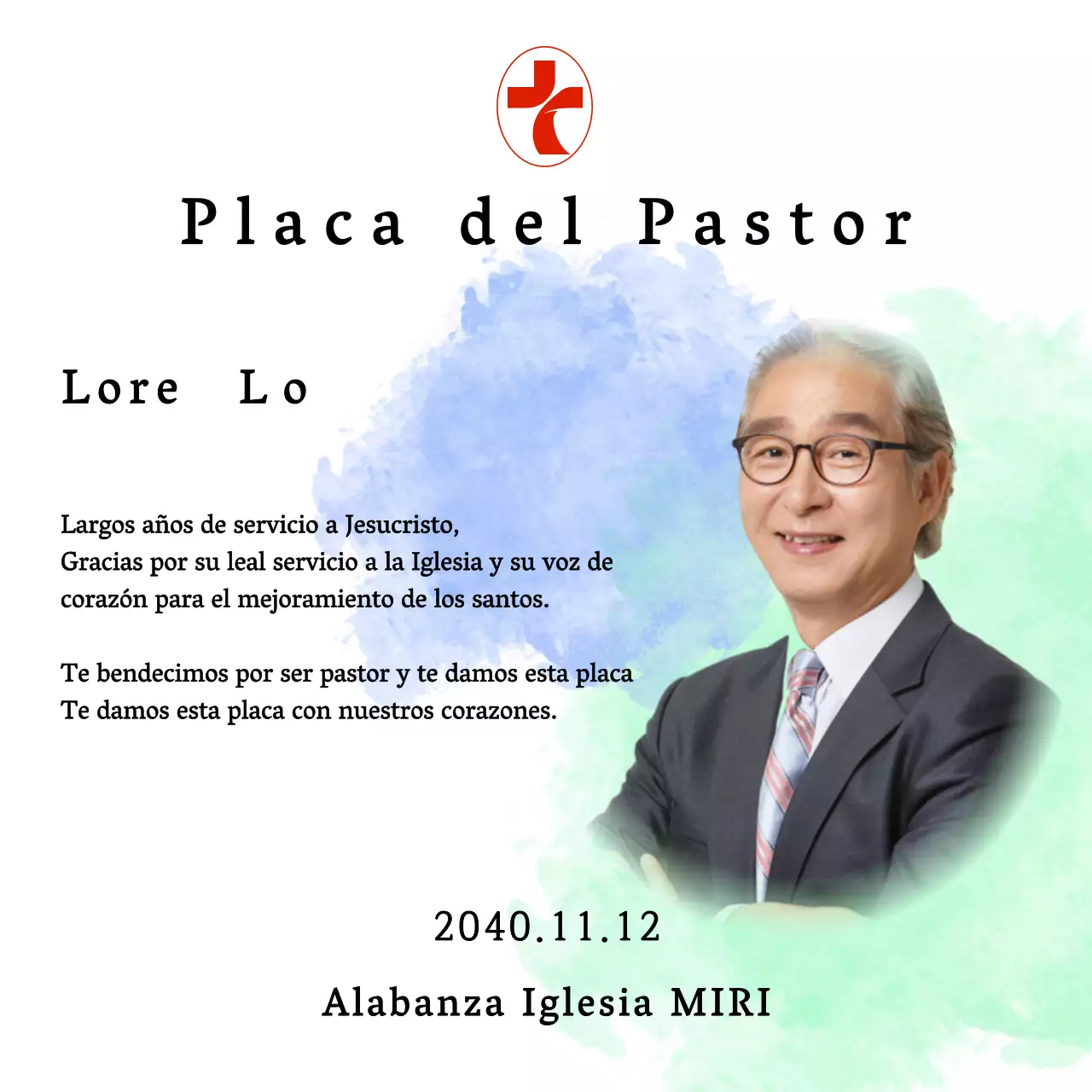 Placa blanda de inauguración de iglesia con fondo de acuarela degradada y foto