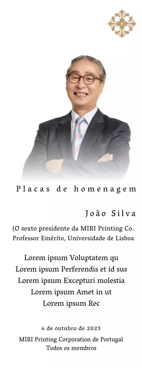 Placa comemorativa com ilustrações e fotografias de luxo
