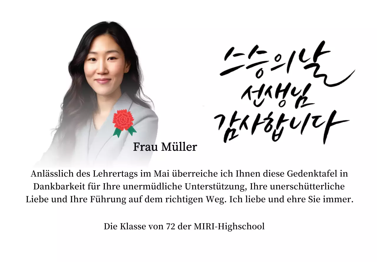 Eine farbenfrohe Dankeskarte zum Lehrertag mit Nelkenillustration, Kalligrafie und Foto