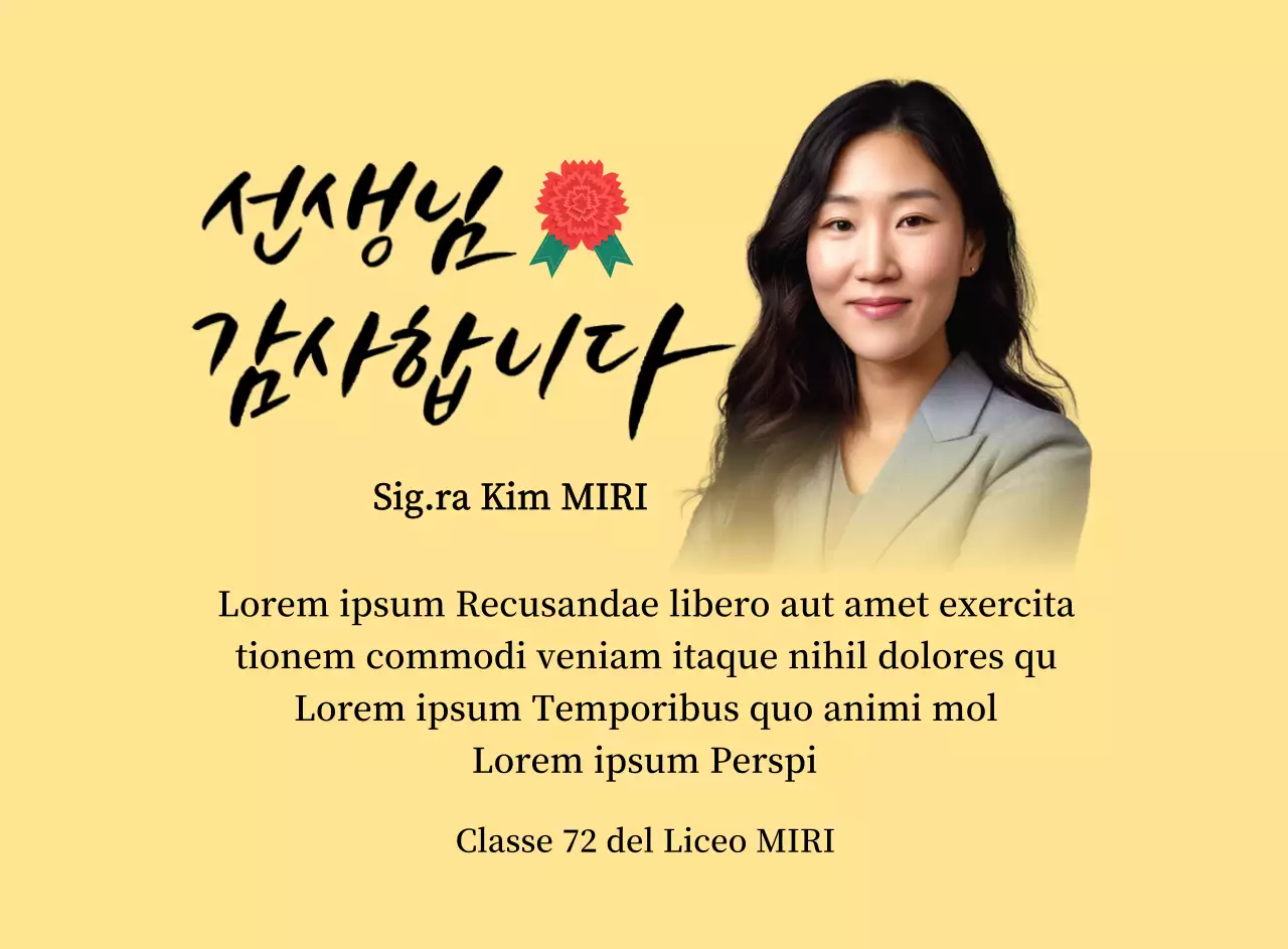 Un biglietto di ringraziamento colorato per la Festa dell'Insegnante con illustrazione di garofani, calligrafia e foto