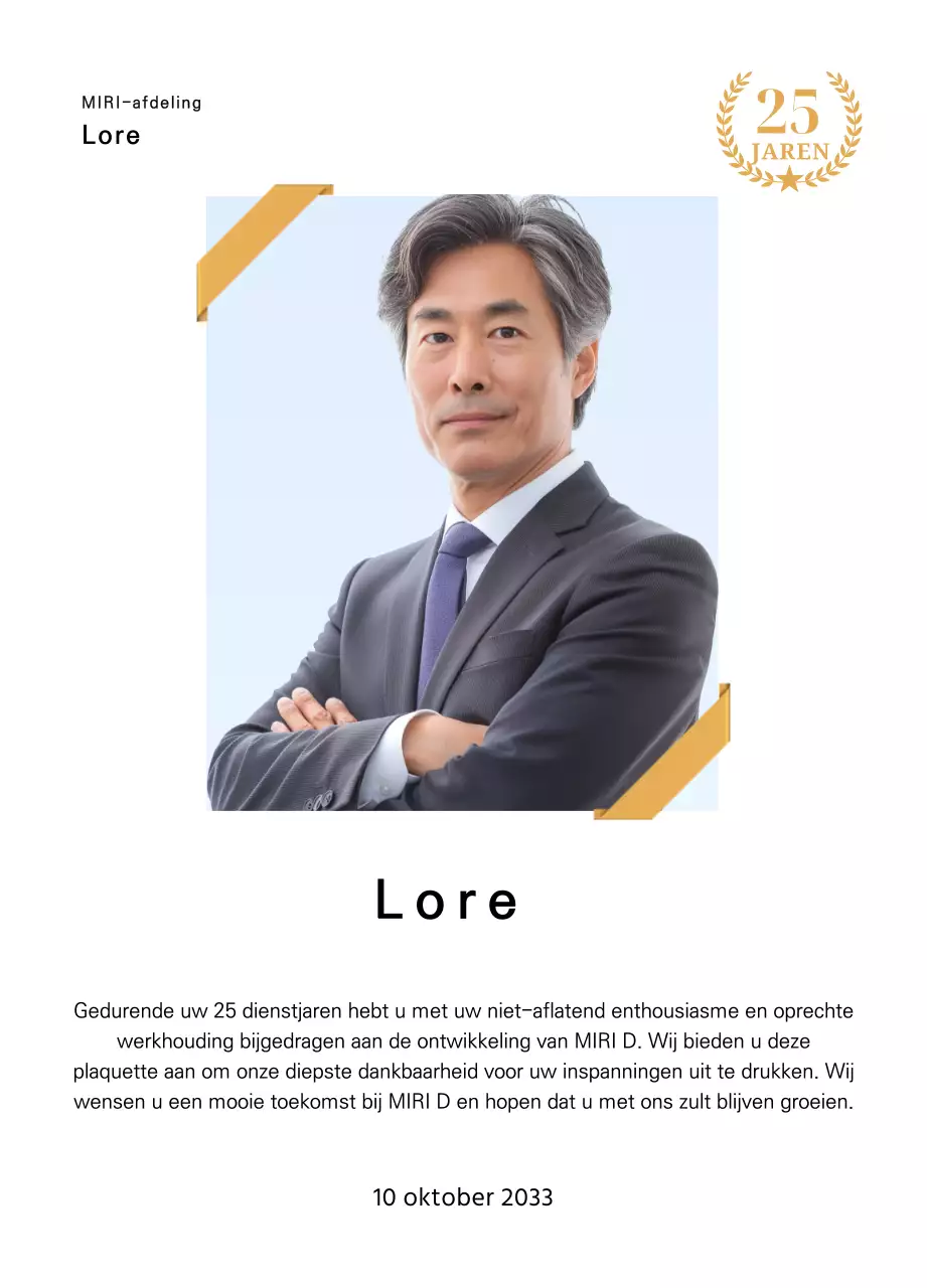 Een bedankontwerp met een vierkante foto met een gouden lint en een 25-jarig jubileummarkering