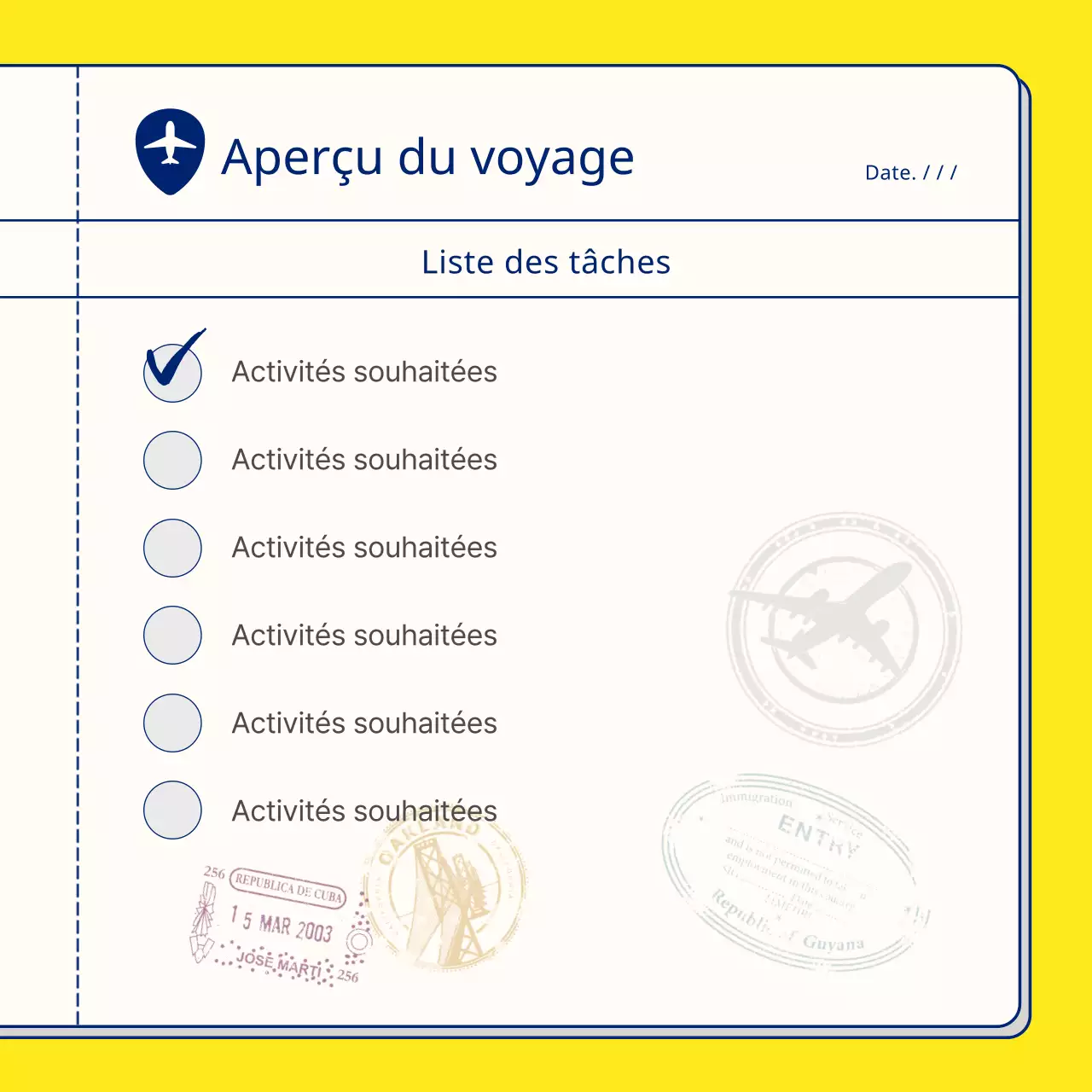 Un simple carnet de voyage jaune et bleu marine