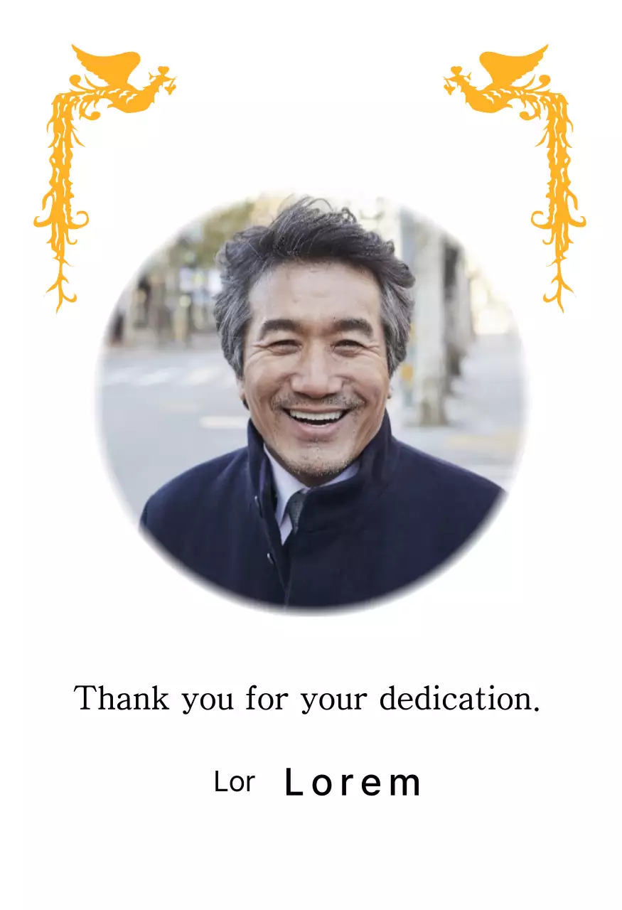 Desain pensiun dengan ilustrasi burung phoenix yang penuh warna dan foto melingkar.