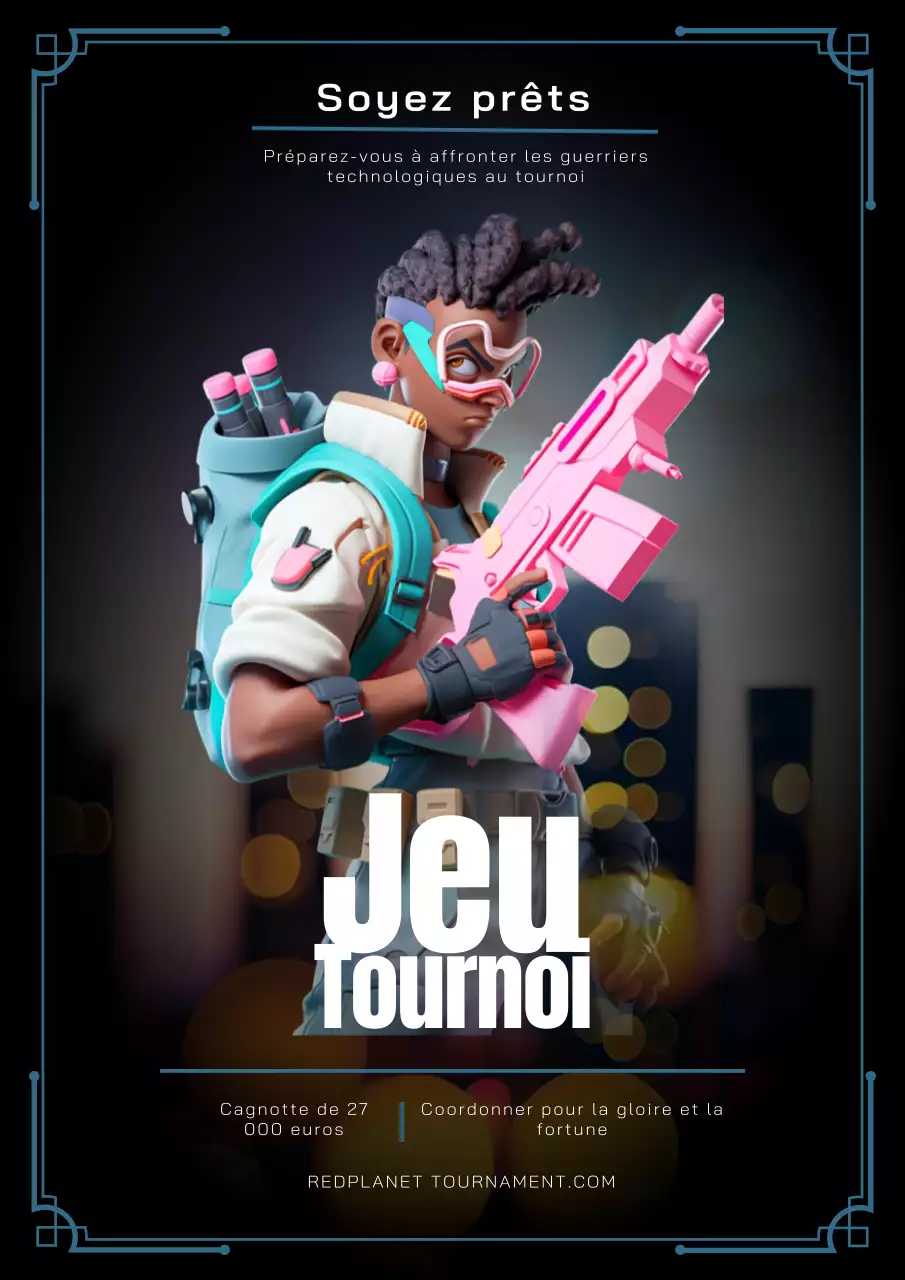 Flyer du tournoi de jeu Cyberpunk bleu et rose