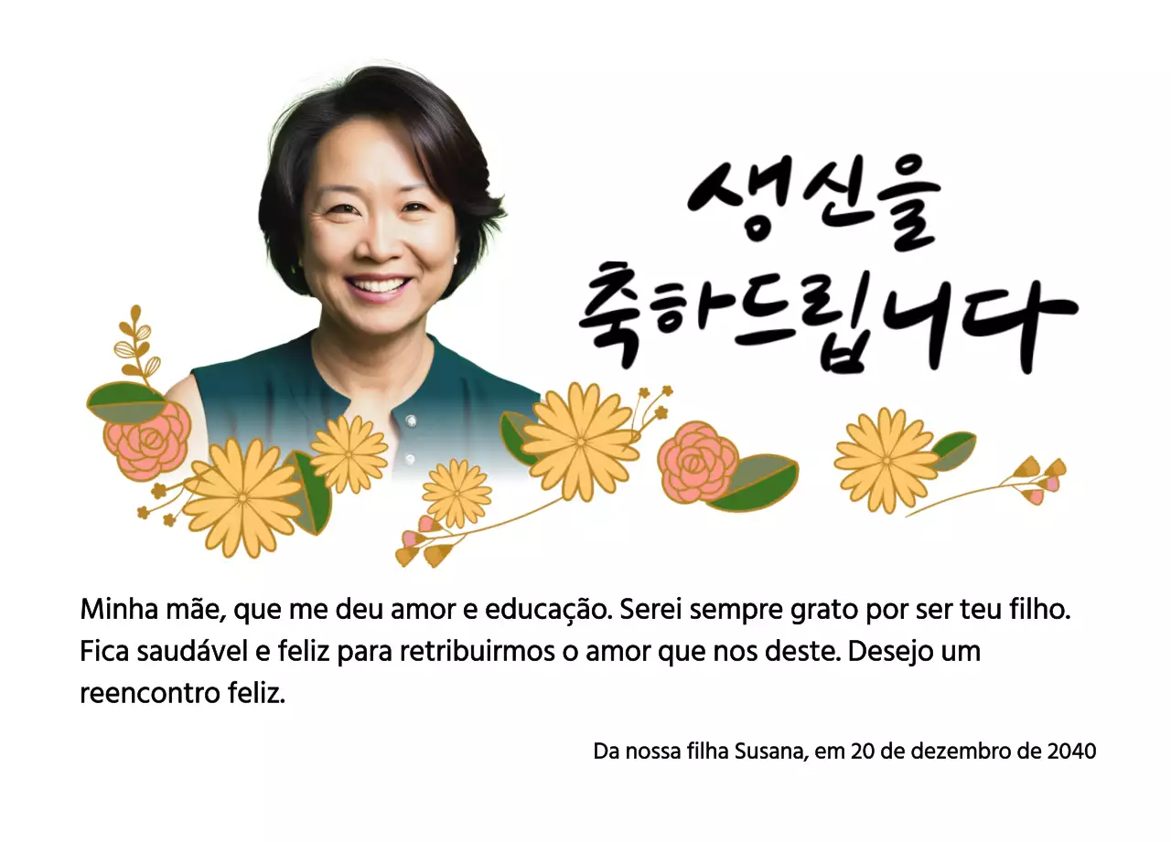 Feliz aniversário com uma flor e uma fotografia dos teus pais