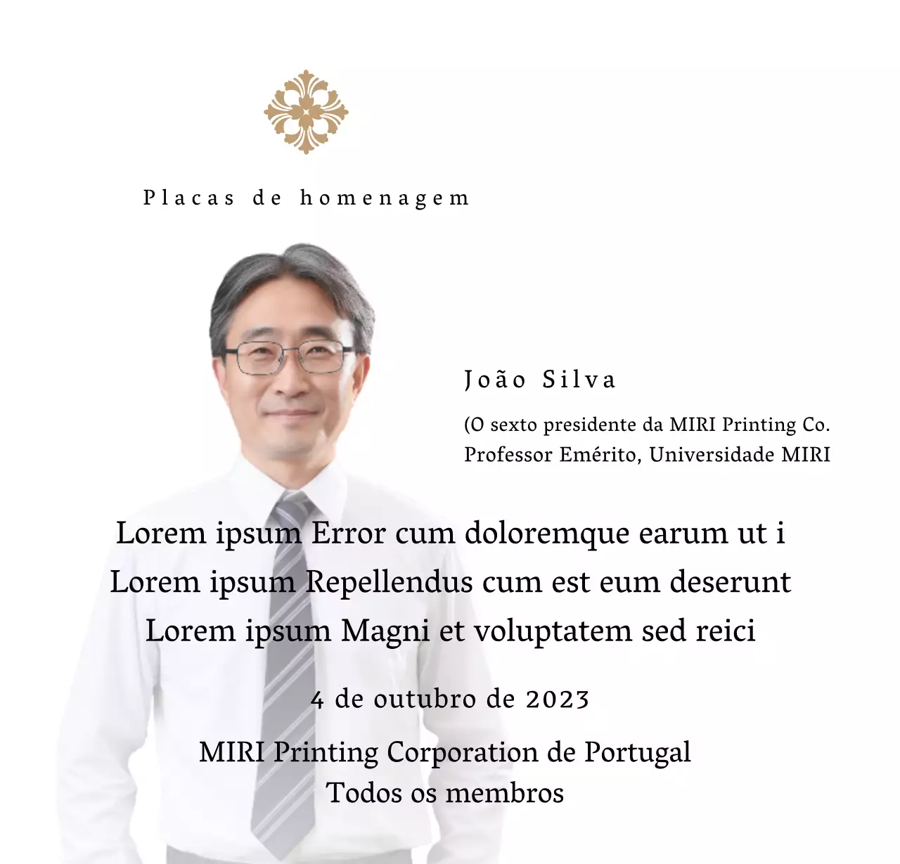 Placa comemorativa com ilustrações e fotografias de luxo