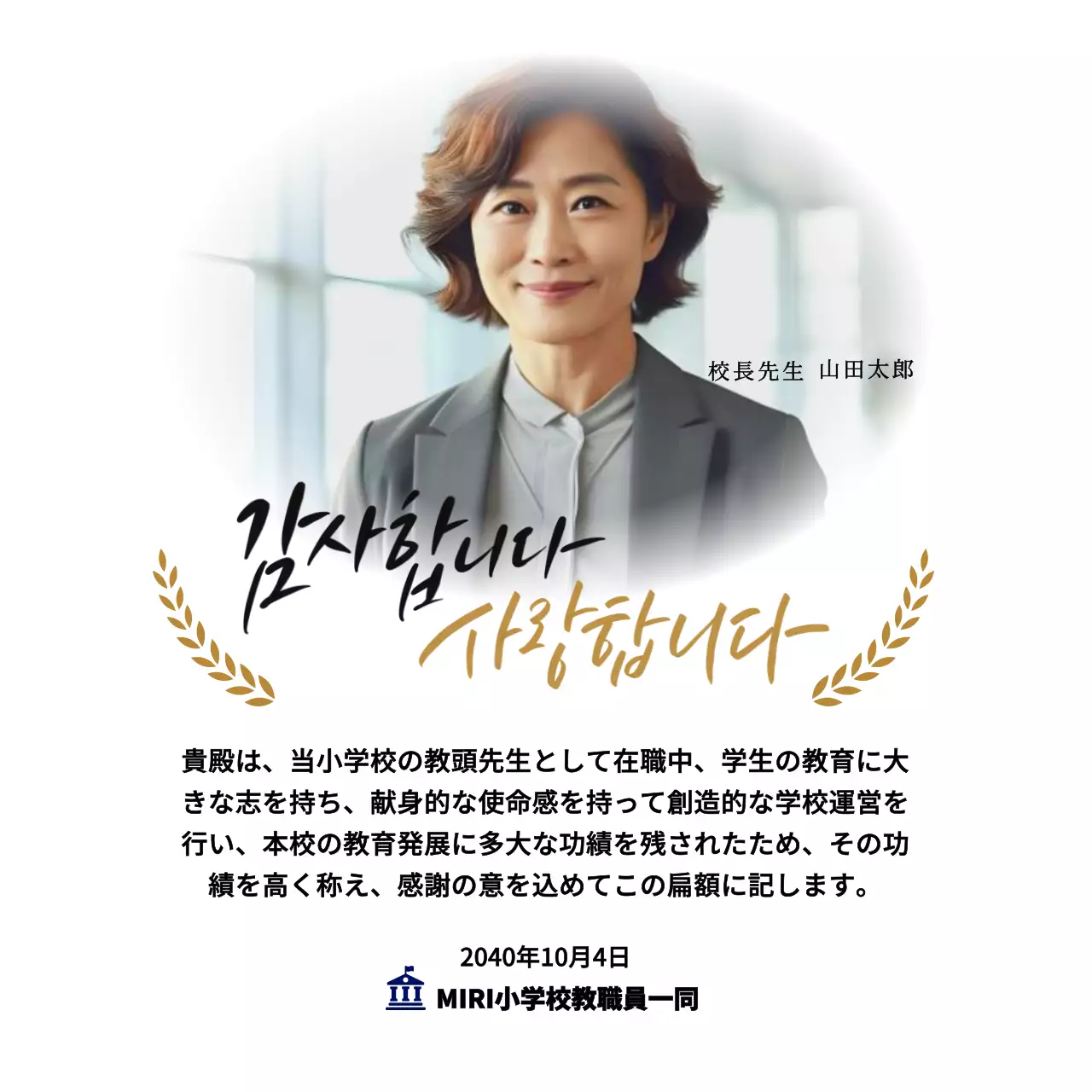 月桂樹の装飾と円形の写真とカリグラフィーが入った高級感のある感謝状です。