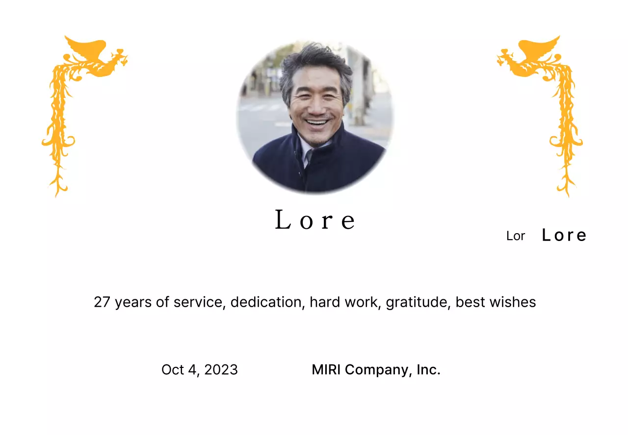 Desain pensiun dengan ilustrasi burung phoenix yang penuh warna dan foto melingkar.