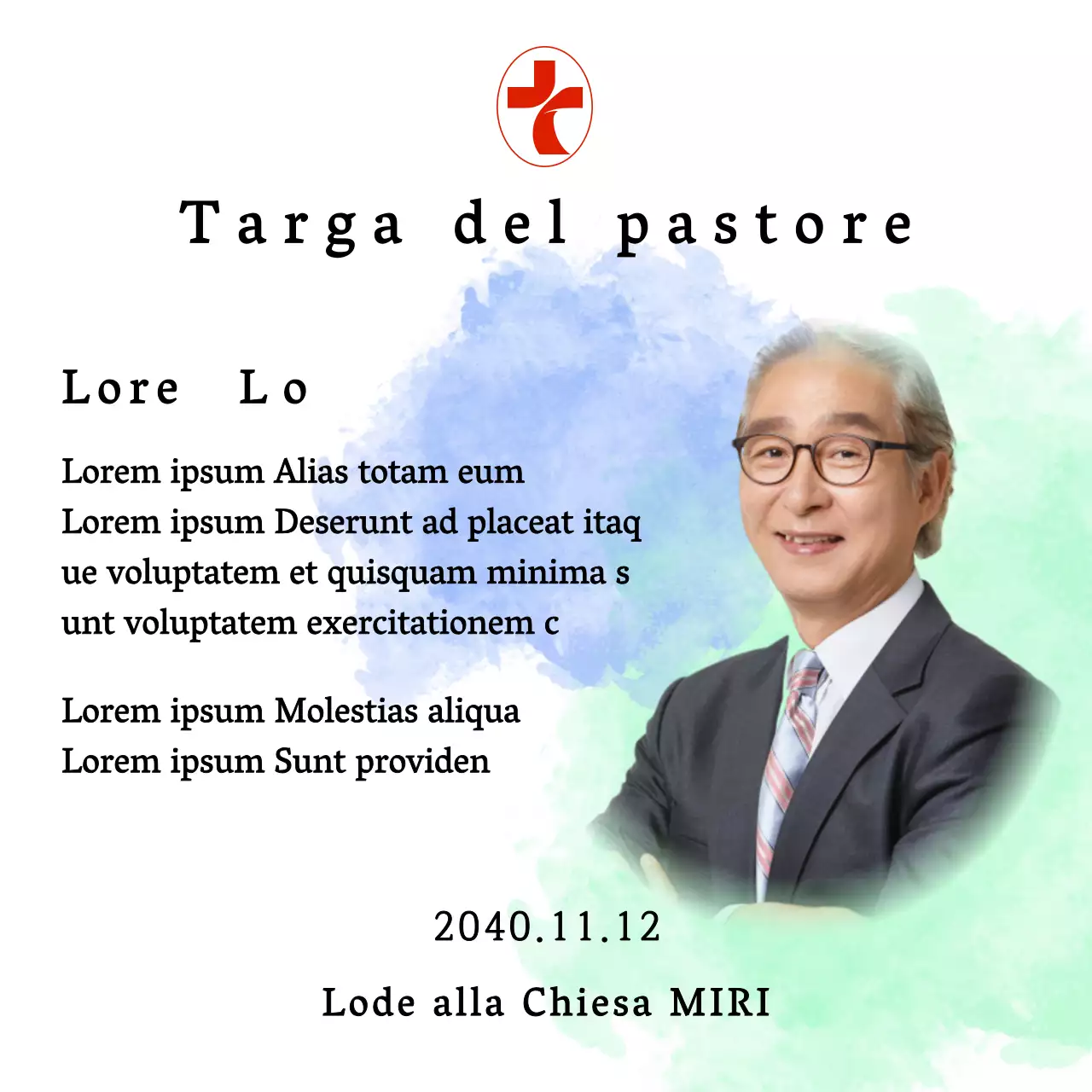 Targa di inaugurazione di una chiesa morbida con sfondo acquerellato sfumato e foto