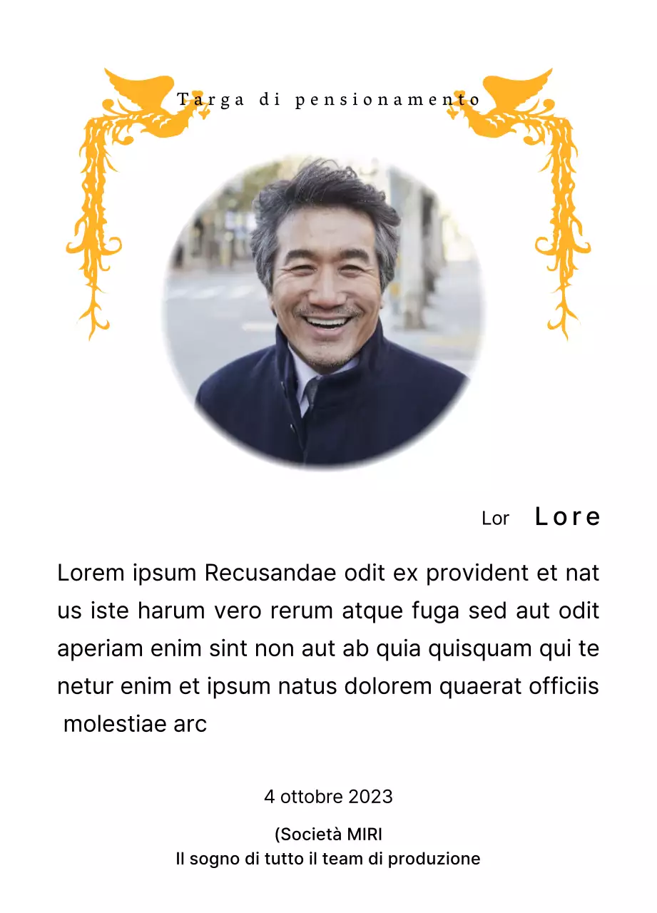 Un design per il pensionamento con un'illustrazione di una fenice colorata e una fotografia circolare.