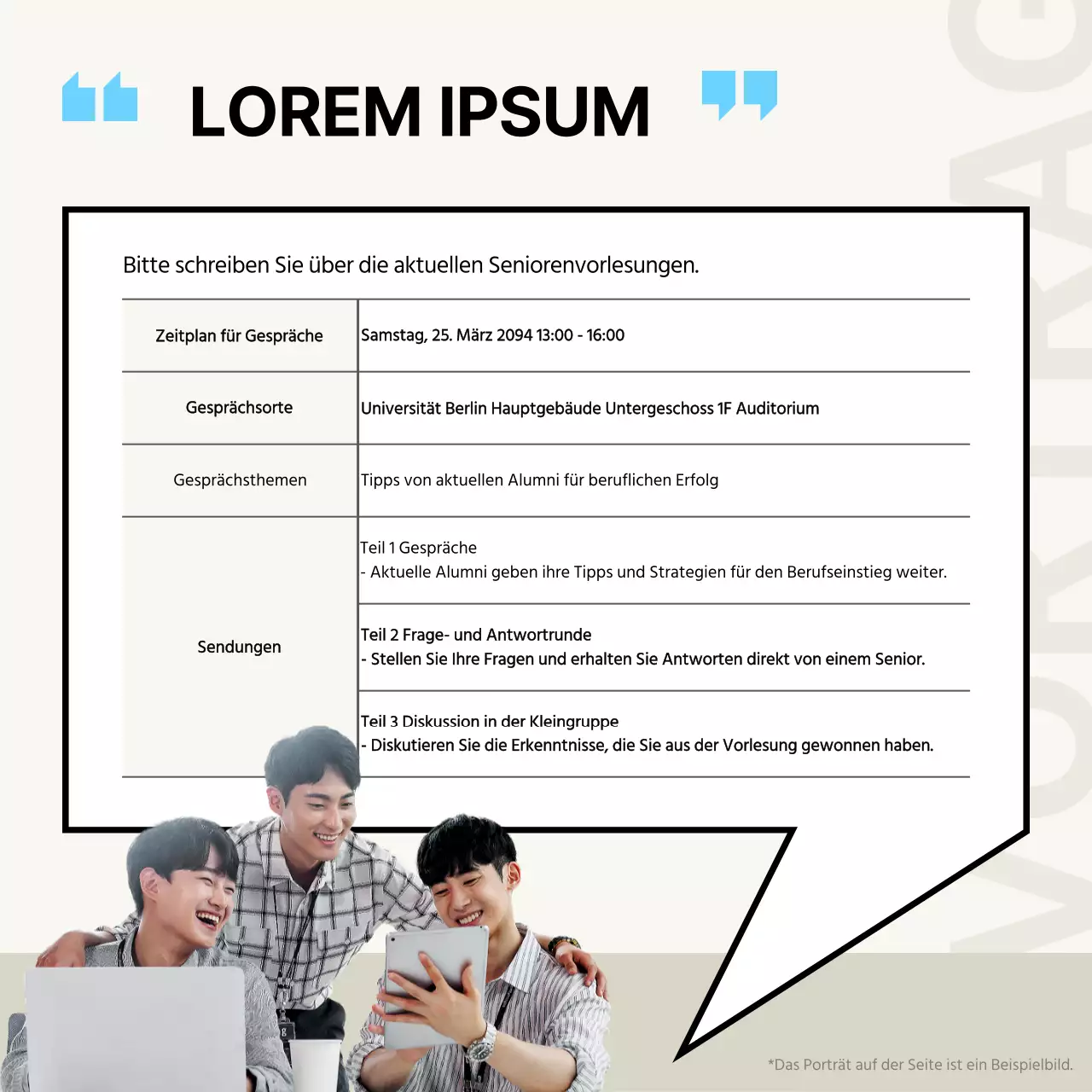 Ein einfaches elfenbeinfarbenes und hellblaues Farbschema, um für die berufsbegleitende Seniorenvorlesung zu werben