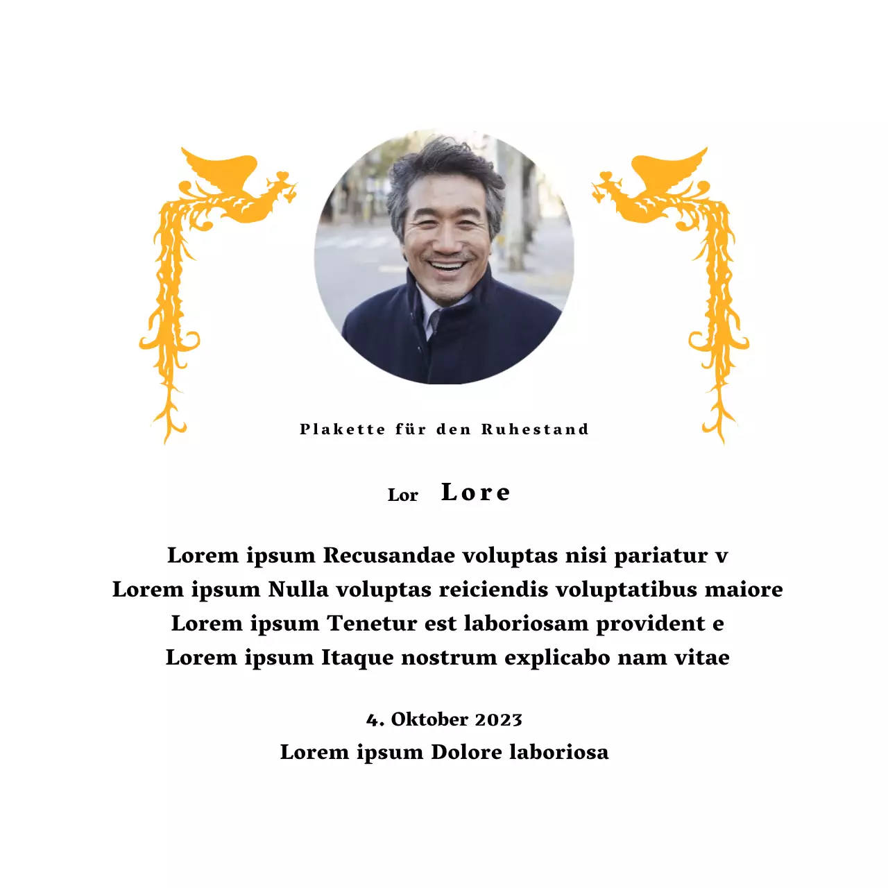 Ein Ruhestandsdesign mit einer farbenfrohen Phönix-Illustration und einem runden Foto.