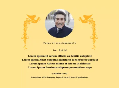 Un design per il pensionamento con un'illustrazione di una fenice colorata e una fotografia circolare.