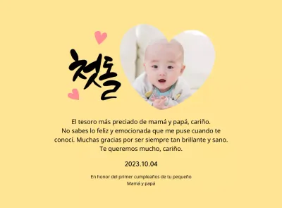 Bonita placa de primer cumpleaños con foto de corazón y caligrafía