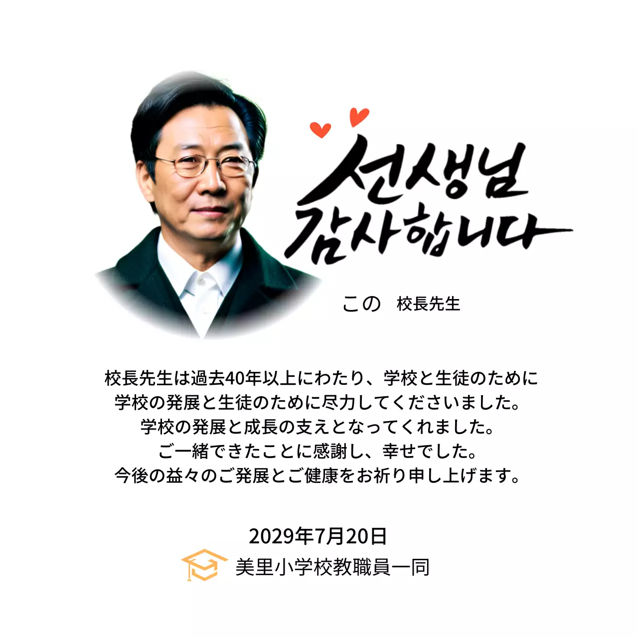 カリグラフィーと写真が入った明るい印象の学校感謝プレート