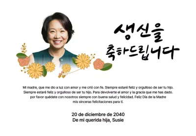 Feliz cumpleaños con una flor y una foto de tus padres