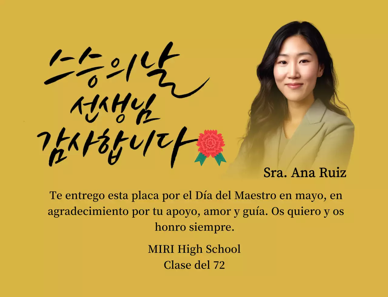 Colorida nota de agradecimiento por el Día del Profesor con ilustración de clavel, caligrafía y foto