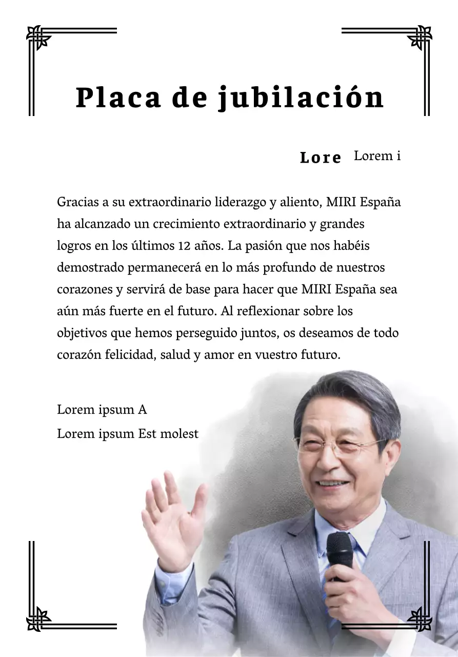 Diseñe una celebración de jubilación con bordes decorativos y fotos para dar una sensación de organización