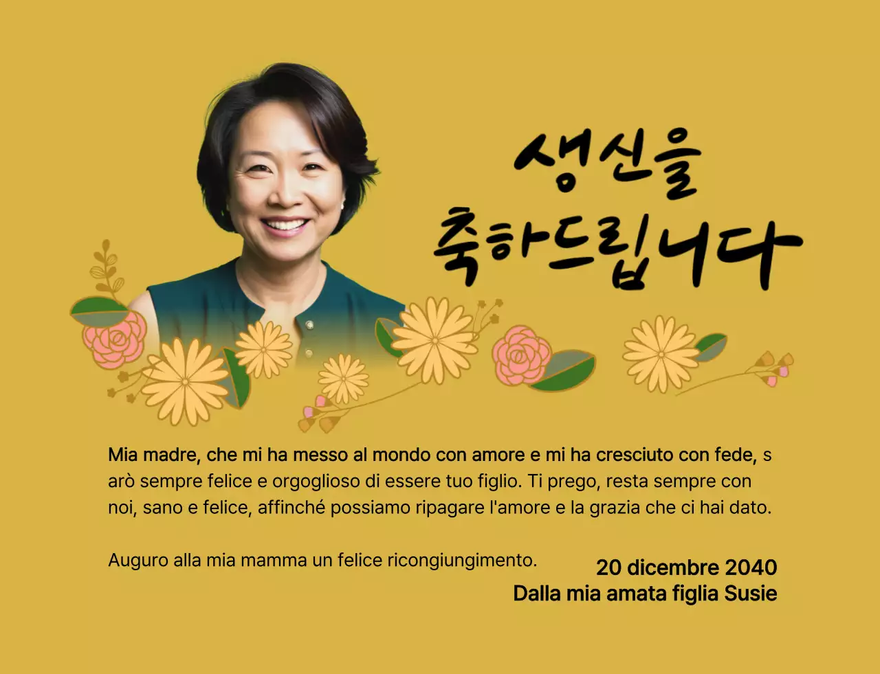 Buon compleanno con un fiore e una foto dei vostri genitori