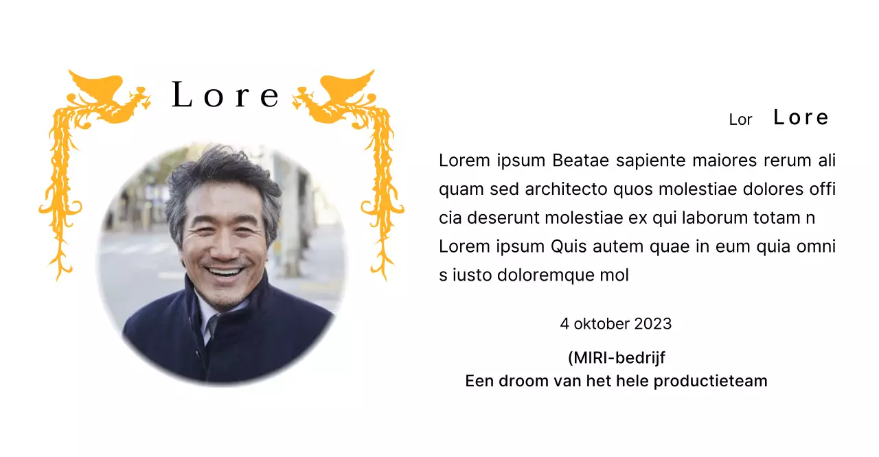 Een pensioenontwerp met een kleurrijke feniksillustratie en een cirkelvormige foto.