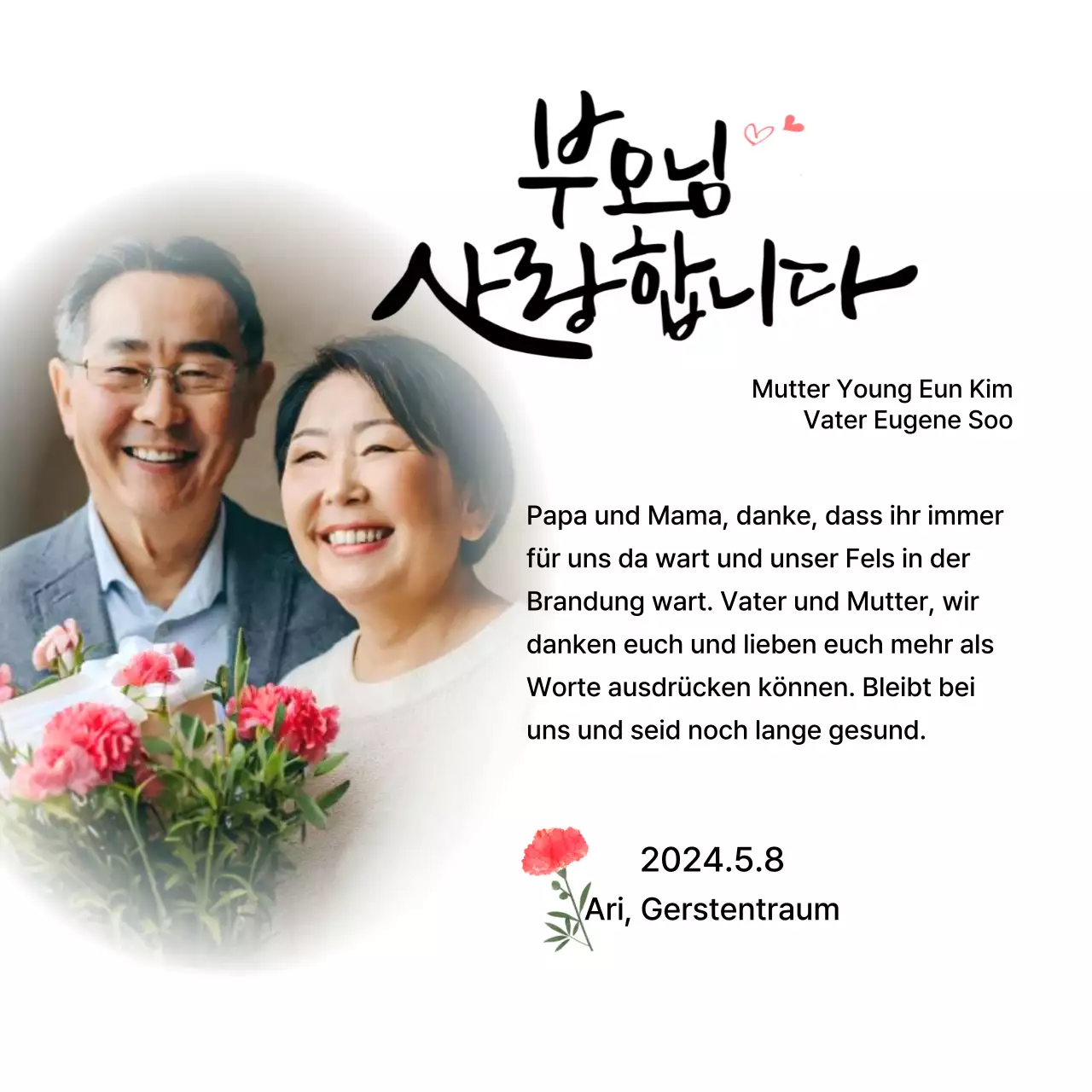 Design zum Muttertag mit Nelken und gefühlvollem kalligrafischem Text