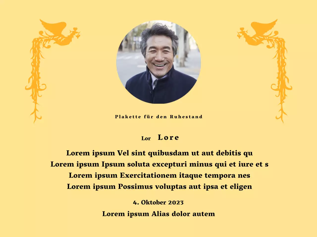 Ein Ruhestandsdesign mit einer farbenfrohen Phönix-Illustration und einem runden Foto.