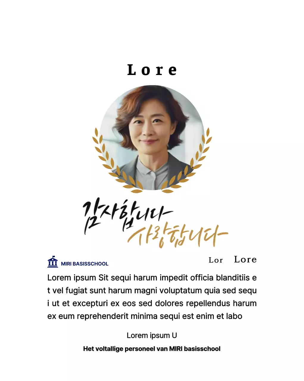 Een stijlvol ogend bedankbord met lauwerkransen en cirkelvormige foto en kalligrafie.