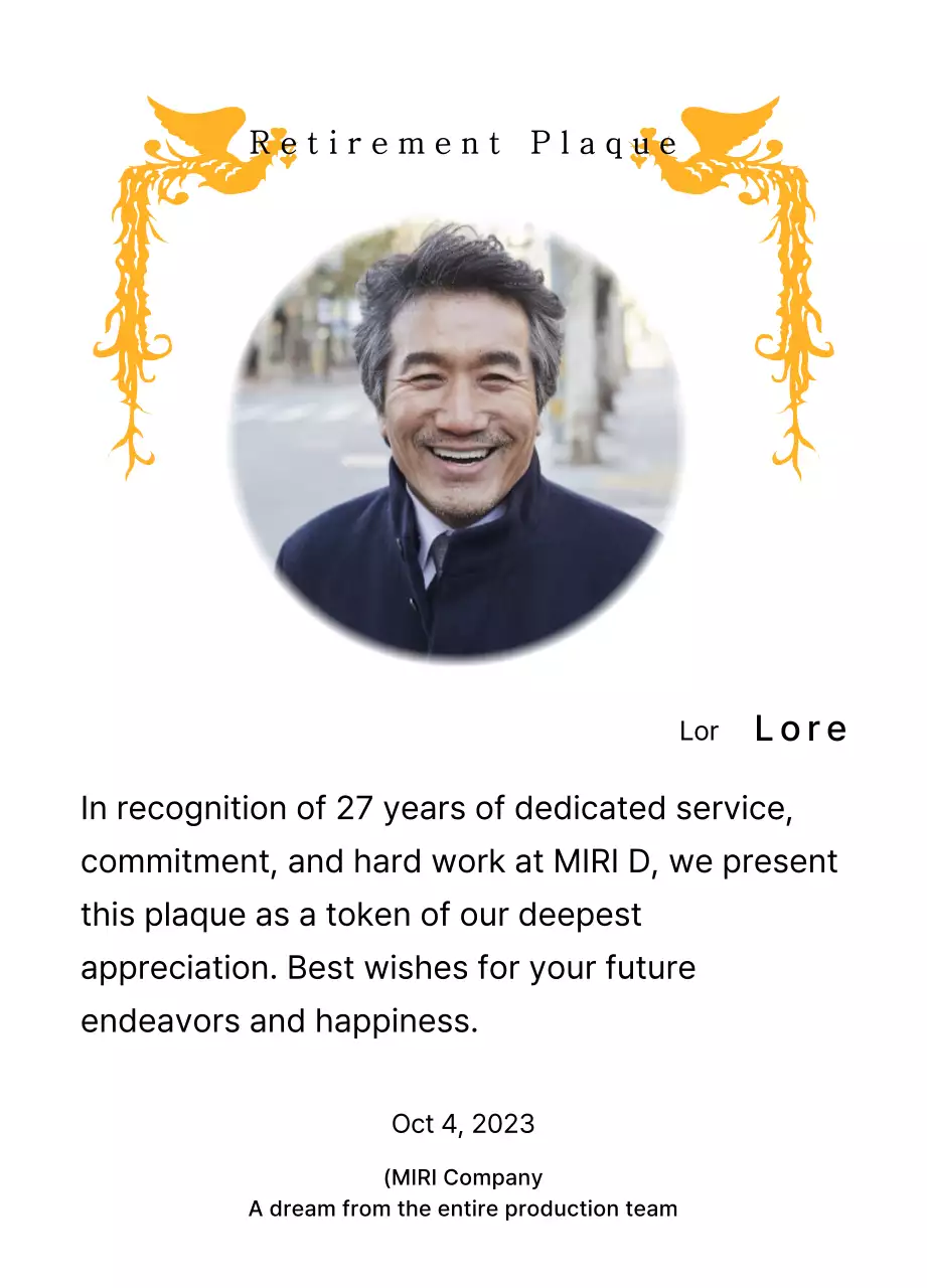 Desain pensiun dengan ilustrasi burung phoenix yang penuh warna dan foto melingkar.