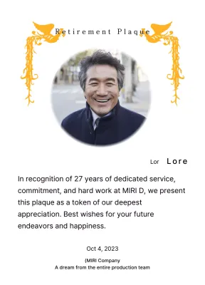 Desain pensiun dengan ilustrasi burung phoenix yang penuh warna dan foto melingkar.