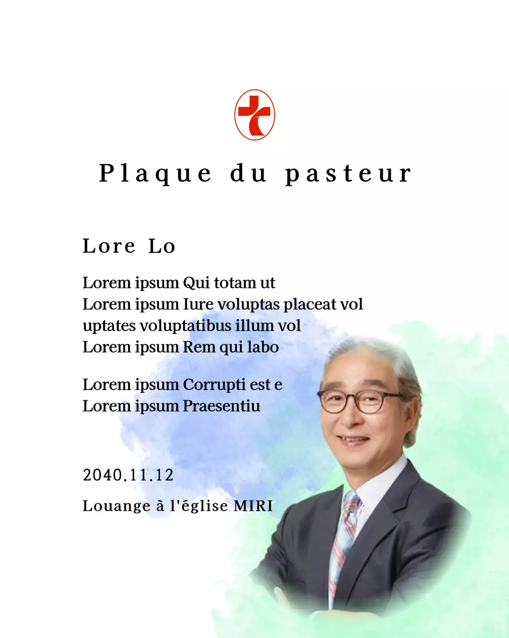 Plaque d'inauguration d'une église avec fond aquarelle dégradé et photo