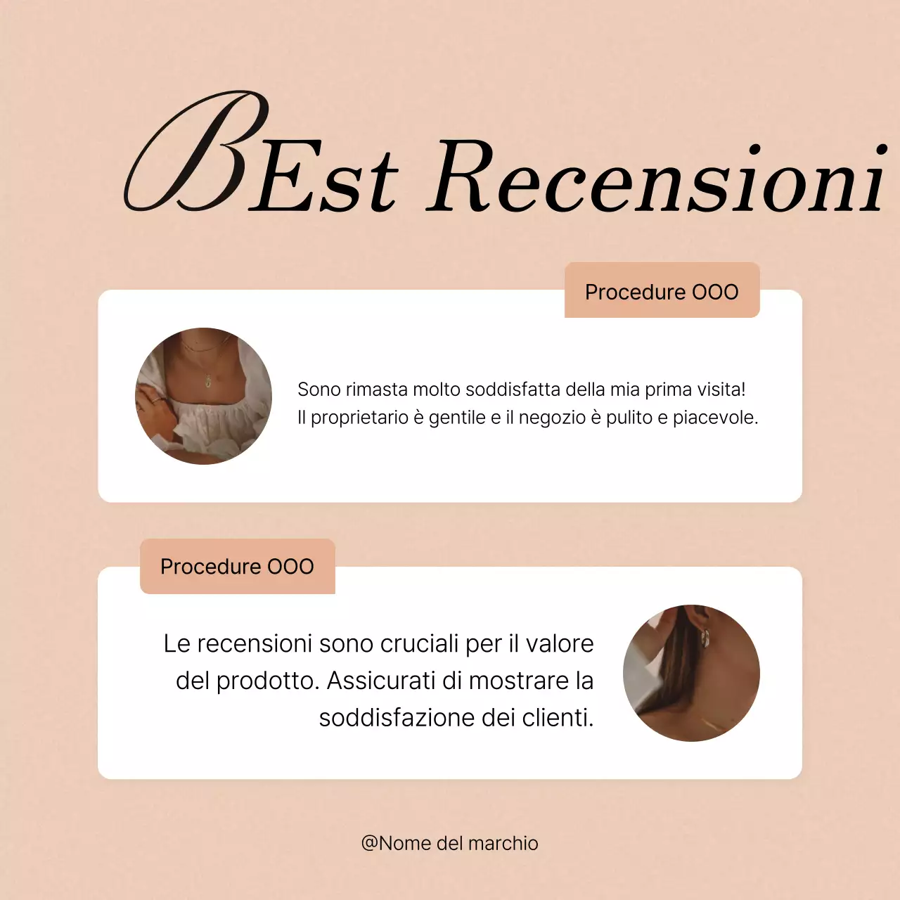 Promuovere recensioni e domande sui social media marketing in rosa e avorio