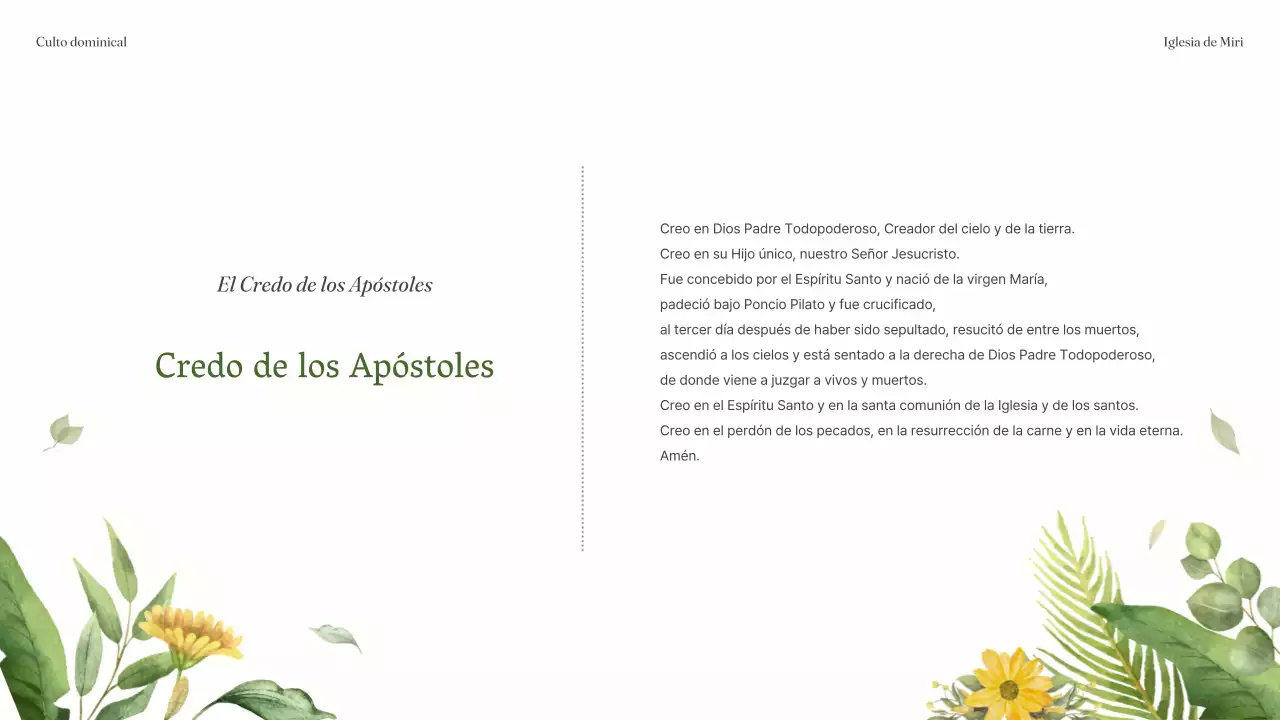 Una sencilla guía de servicios verde y amarilla para la Iglesia del Botánico