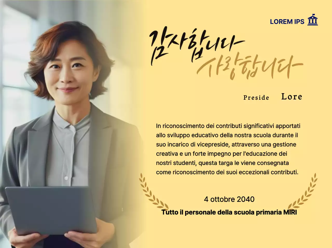 Una targa di ringraziamento di classe con corone di alloro, foto circolare e calligrafia.