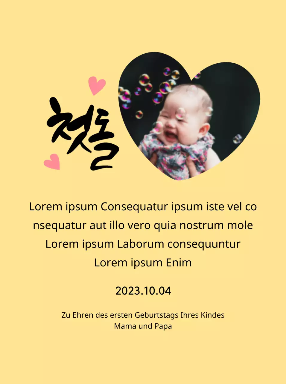 Niedliche Plakette zum ersten Geburtstag mit Herzfoto und Kalligraphie