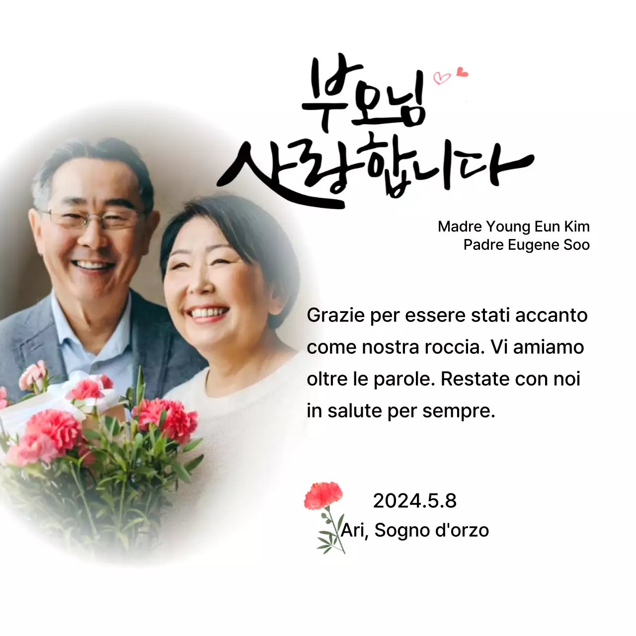 Design per la festa della mamma con garofani e testo calligrafico sentimentale