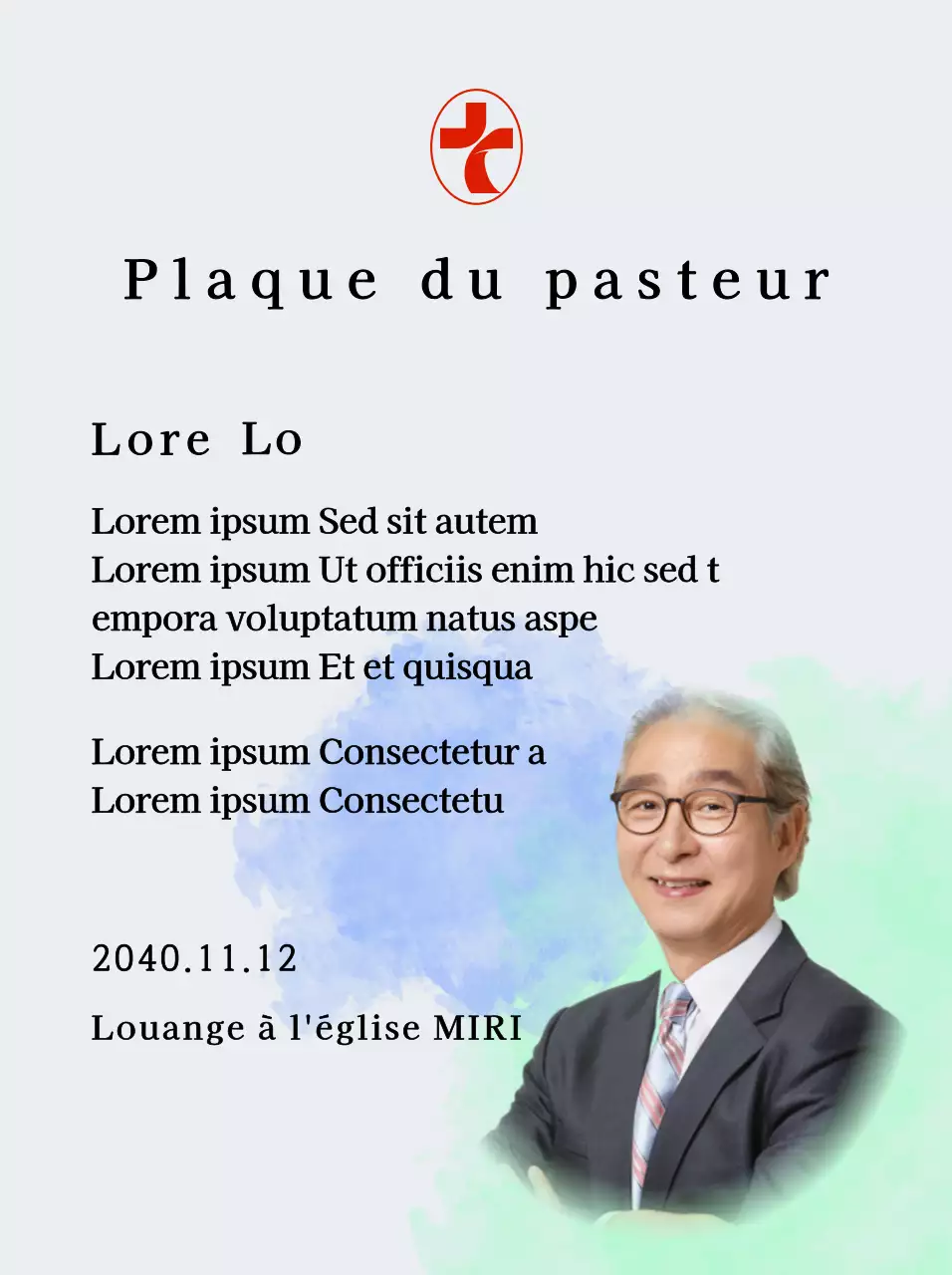 Plaque d'inauguration d'une église avec fond aquarelle dégradé et photo