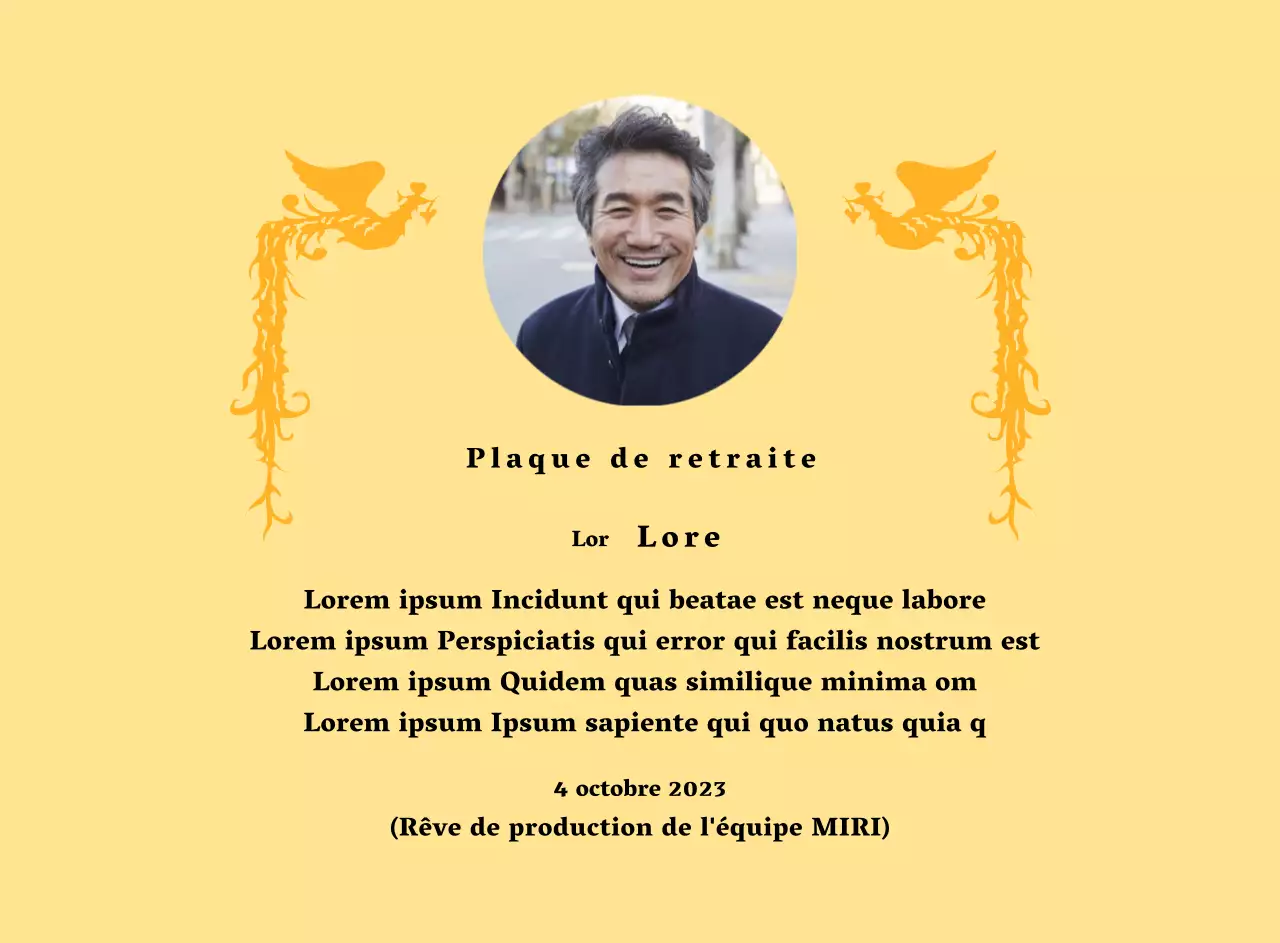  Une conception de retraite avec une illustration de phénix coloré et une photographie circulaire.