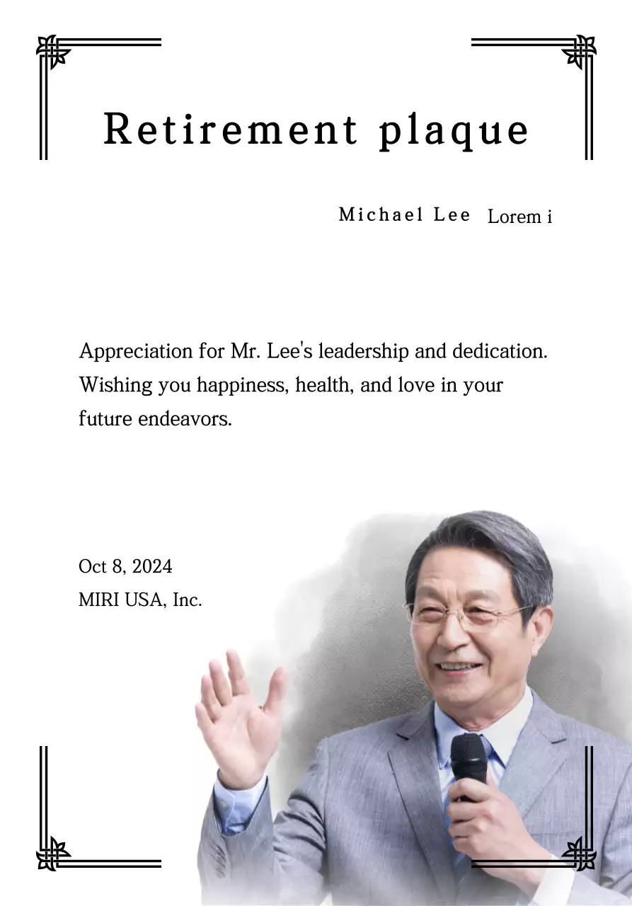 Design a retirement celebration with decorative borders and photos for an organized feel