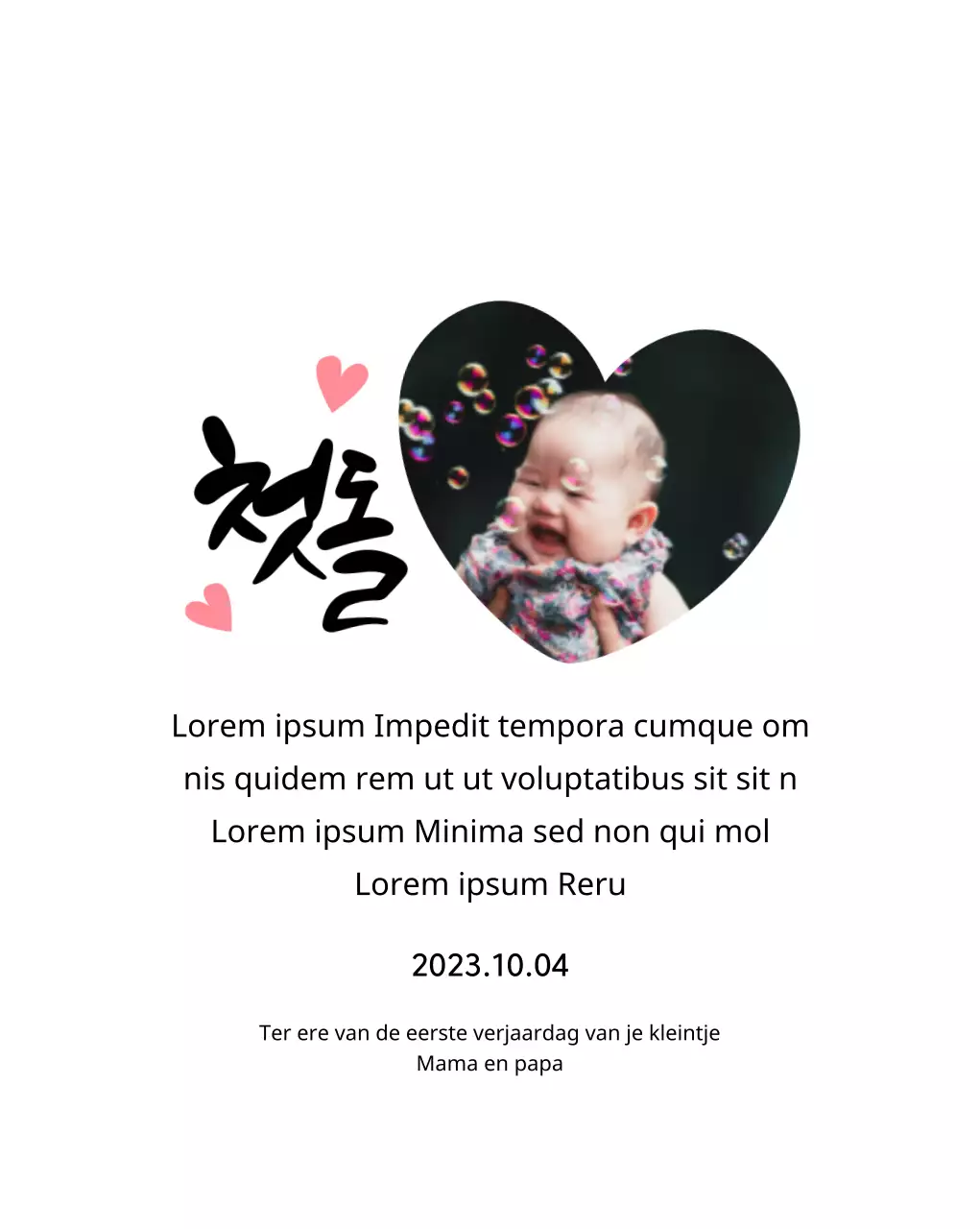 Schattig eerste verjaardagsplaatje met hartfoto en kalligrafie