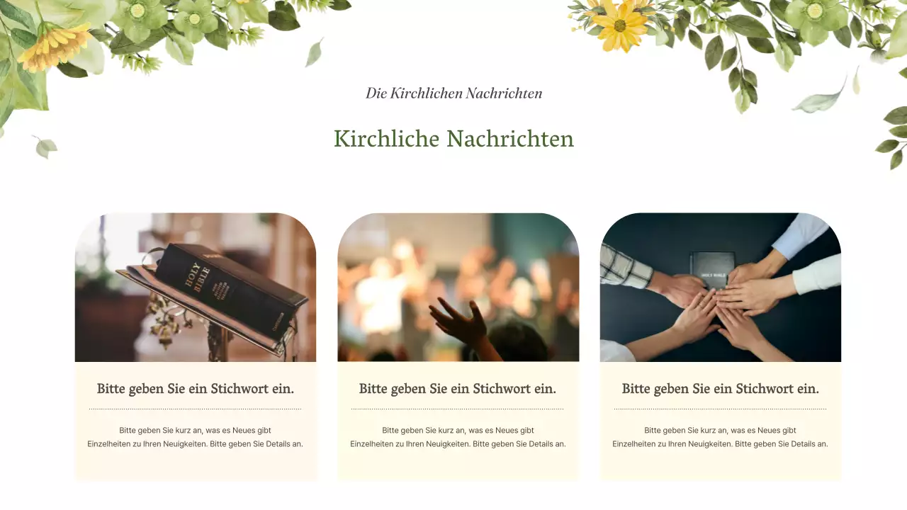 Ein einfacher grüner und gelber Gottesdienstführer für die Botanische Kirche