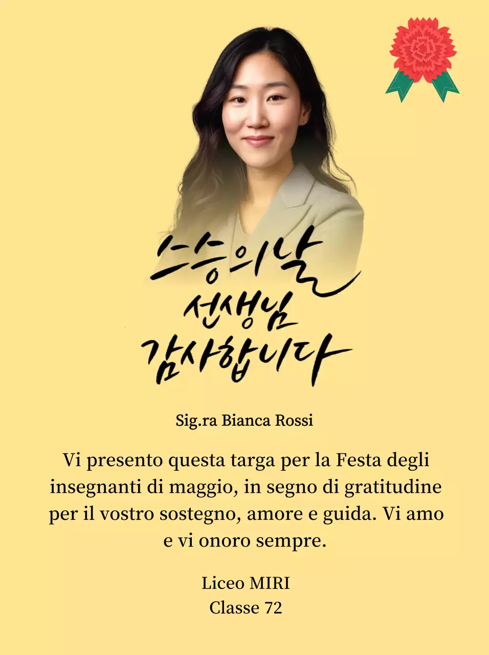 Un biglietto di ringraziamento colorato per la Festa dell'Insegnante con illustrazione di garofani, calligrafia e foto