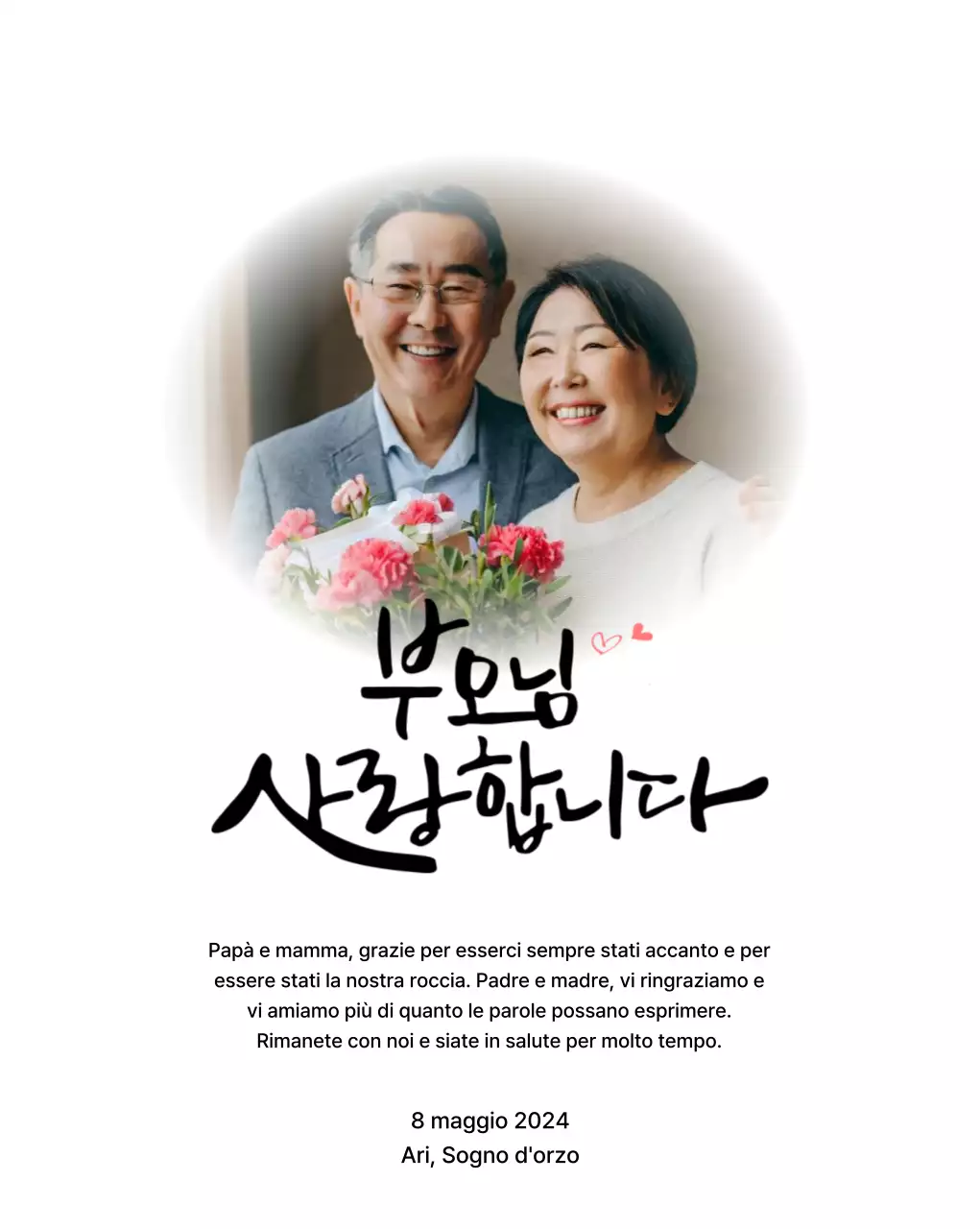 Design per la festa della mamma con garofani e testo calligrafico sentimentale