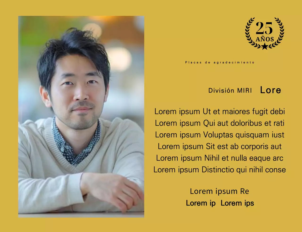 Un diseño de agradecimiento que incluye una foto cuadrada con un lazo dorado y un marcador del 25 aniversario