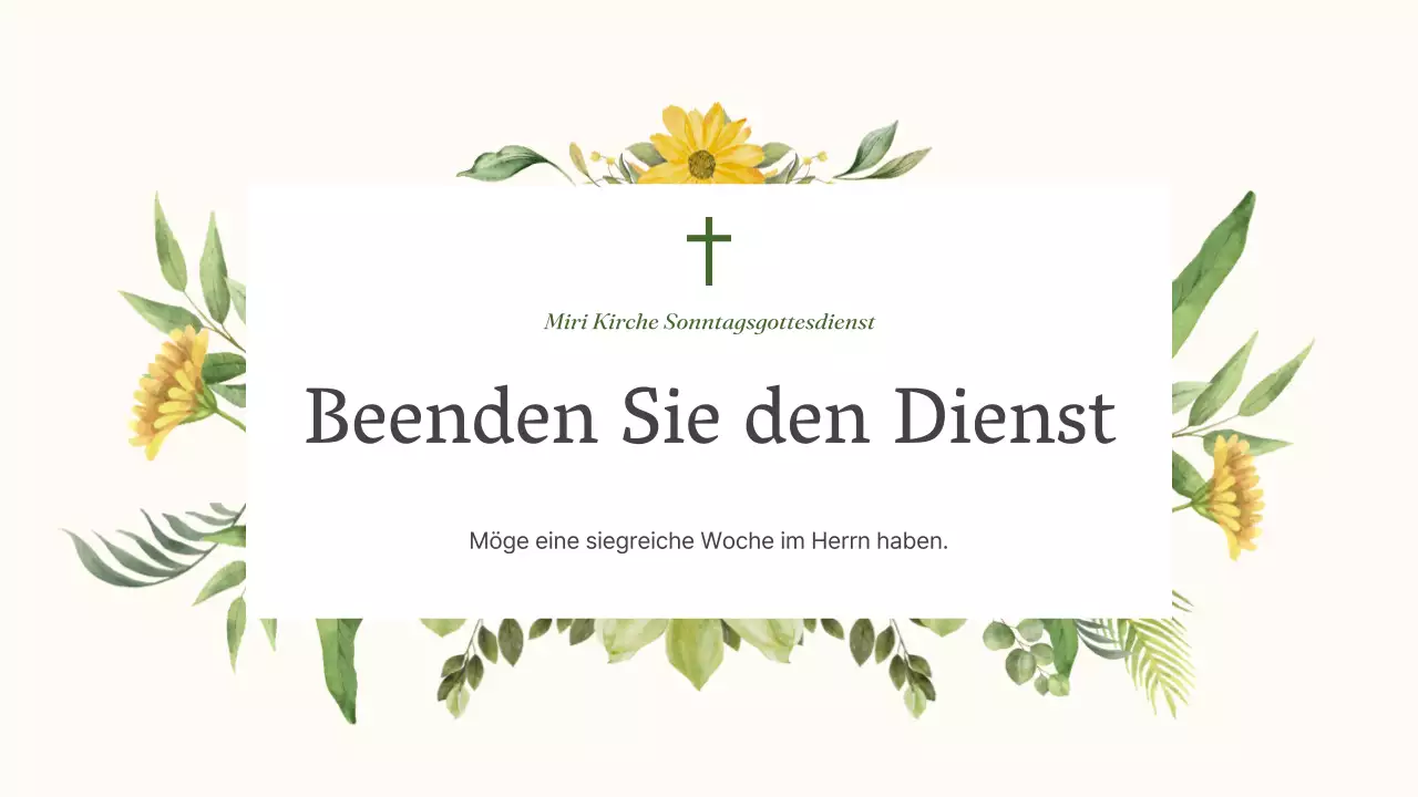 Ein einfacher grüner und gelber Gottesdienstführer für die Botanische Kirche